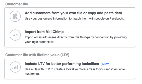 Screen Shot of Customer File source options for creating Facebook Lookalike Audiences