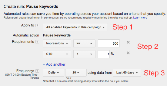 Screen Shot of Pause Keyword Rule in Google AdWords