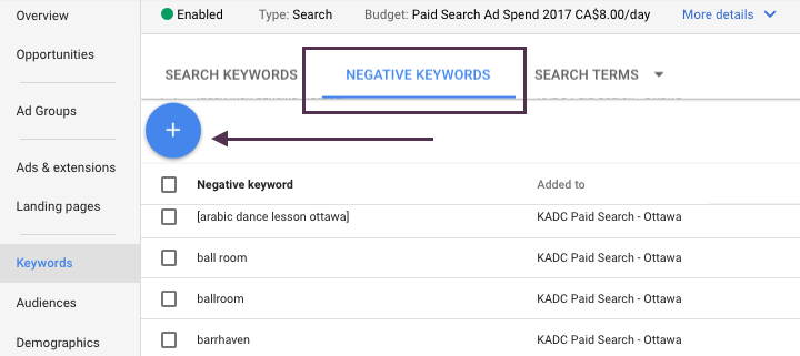 Screen Shot of Negative Keywords