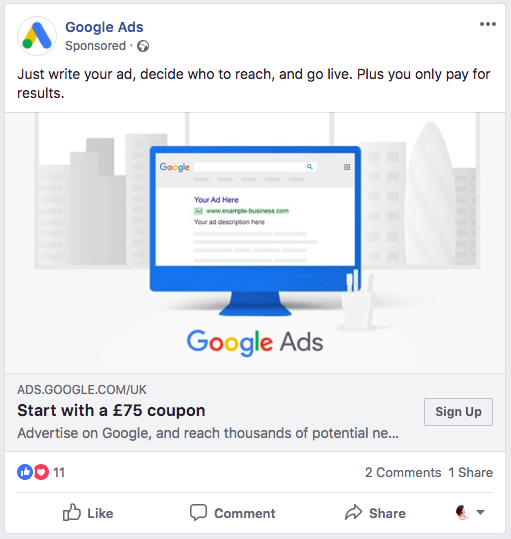 Screenshot of advertisement for Google Ads new user credit.