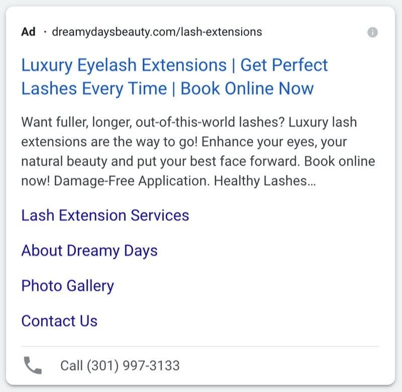 Example of a Google Search Ad for Dreamy Days Beauty.